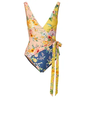 Zinnia One-Piece Wrap Swimsuit Floral Print