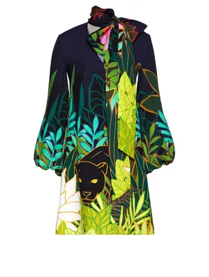 Silk Long-Sleeve Dress Jungle Print