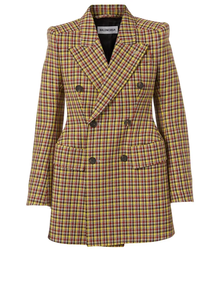 Hourglass Wool Double-Breasted Blazer Check Print