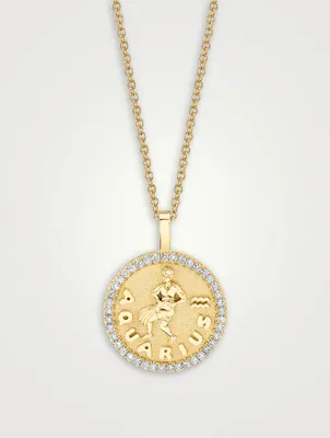 18K Gold Zodiac Aquarius Coin Pendant Necklace With Diamonds