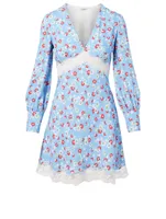 Satin Sablé Long-Sleeve Mini Dress Floral Print