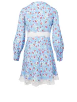 Satin Sablé Long-Sleeve Mini Dress Floral Print