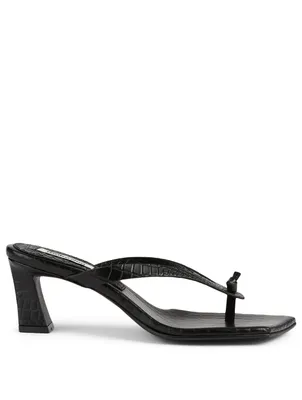 Flip-Flop Croc-Embossed Leather Heeled Thong Sandals