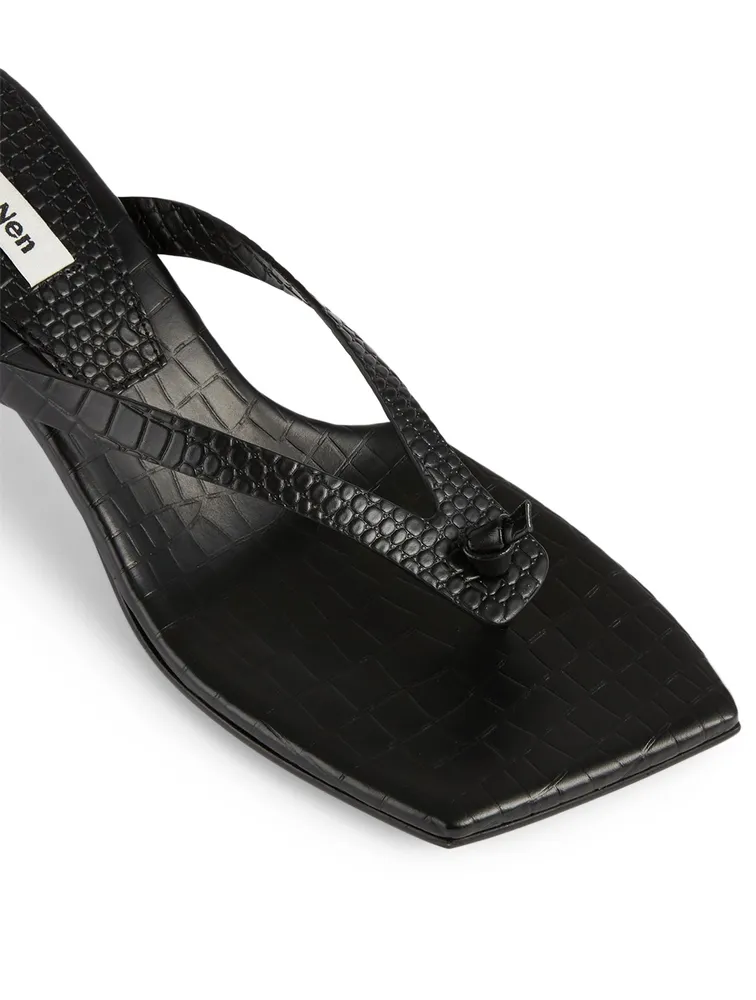 Flip-Flop Croc-Embossed Leather Heeled Thong Sandals