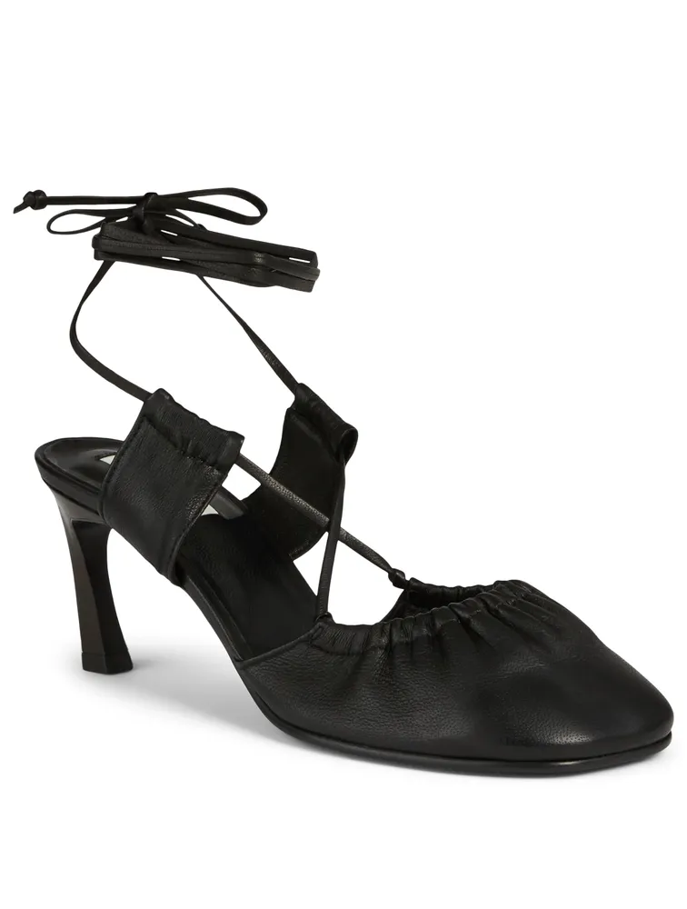 Toe Shirring Leather Ankle-Tie Pumps