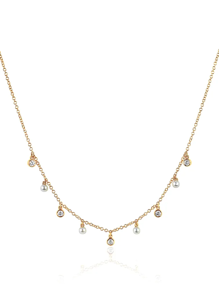 14K Gold Diamond Bezel Necklace With Pearls And Diamonds