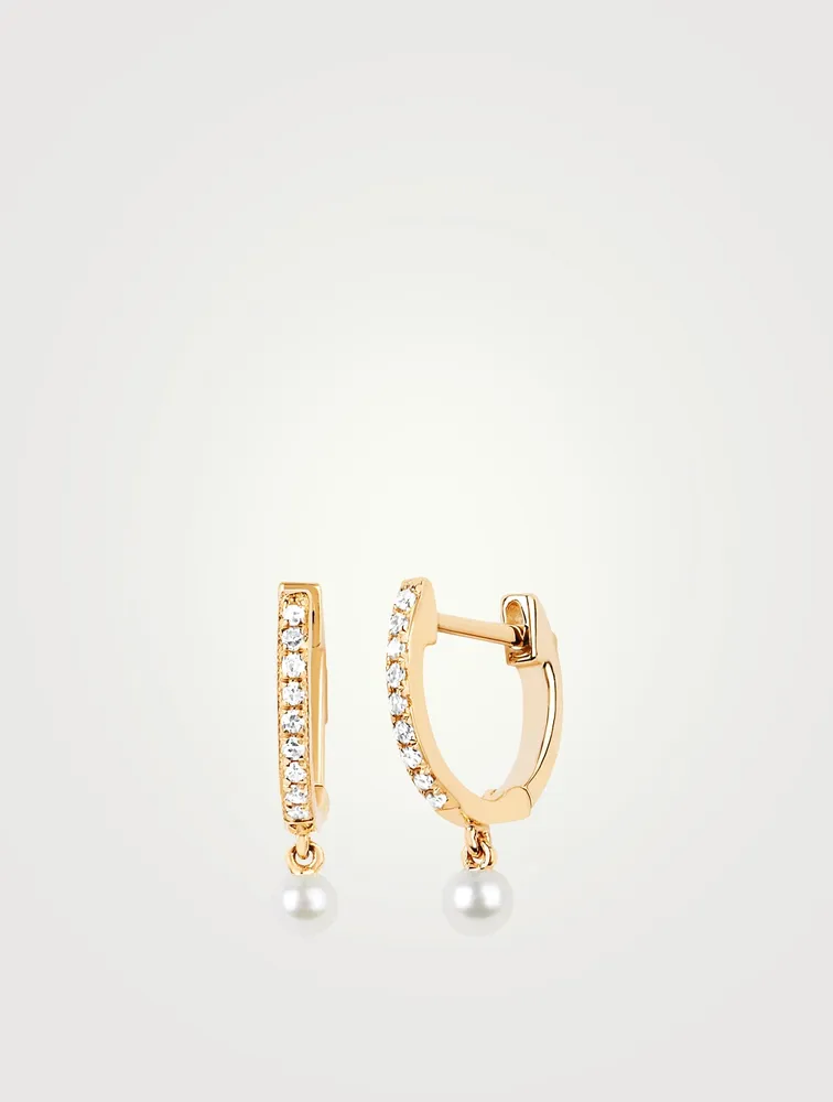 Mini 14K Gold Huggie Hoop Earrings With Diamonds And Pearls