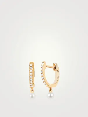 Mini 14K Gold Huggie Hoop Earrings With Diamonds And Pearls