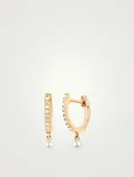 Mini 14K Gold Huggie Hoop Earrings With Diamonds And Pearls