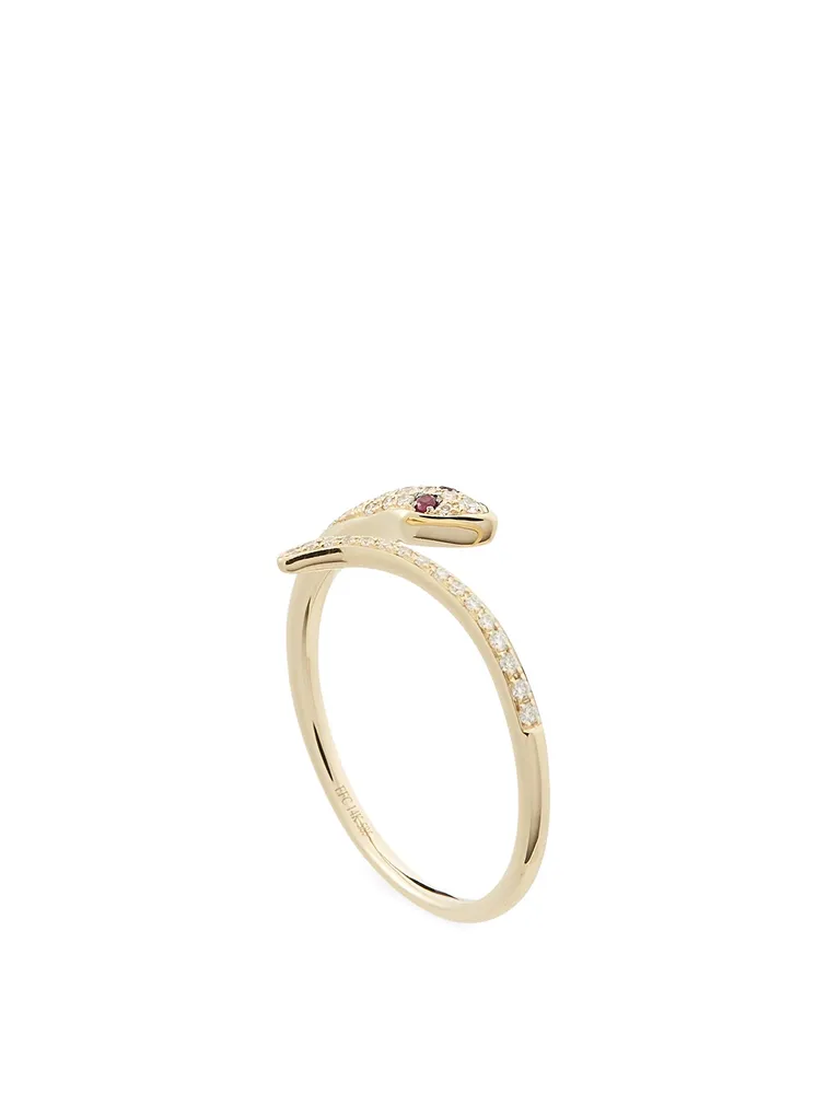 14K Gold Snake Ring With Rubies And Diamonds
