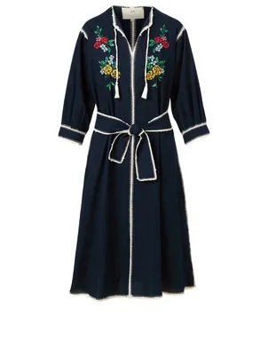 Oaxaca Cotton Midi Dress With Floral Embroidery