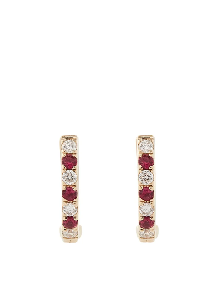 Mini 14K Gold Dot Huggie Earrings With Rubies And Diamonds