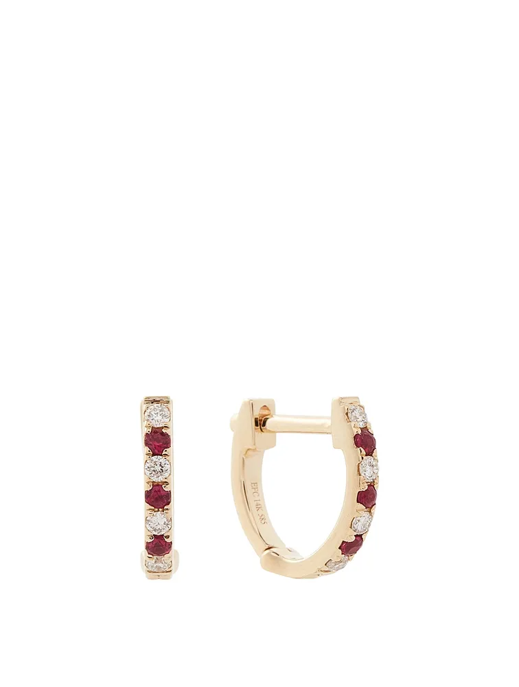 Mini 14K Gold Dot Huggie Earrings With Rubies And Diamonds