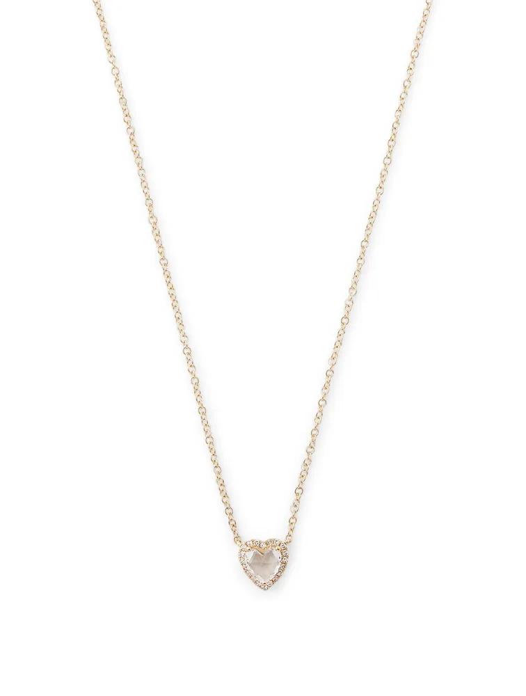 14K Gold White Topaz Heart Necklace With Diamonds