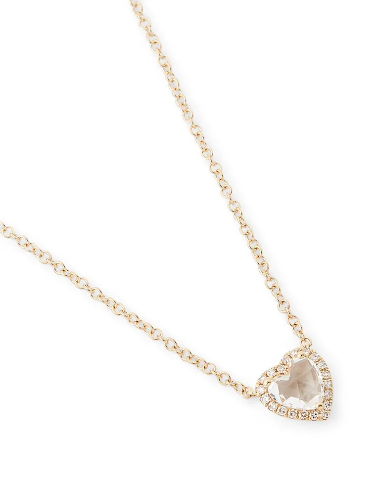 14K Gold White Topaz Heart Necklace With Diamonds