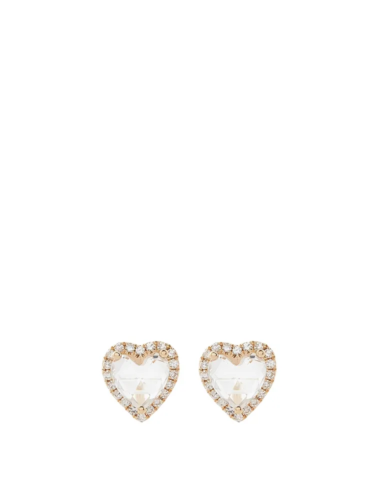 14K Gold White Topaz Heart Stud Earrings With Diamonds