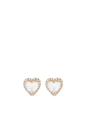14K Gold White Topaz Heart Stud Earrings With Diamonds