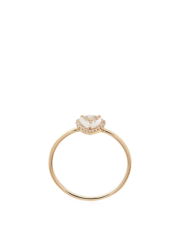 14K Gold White Topaz Heart Ring With Diamonds