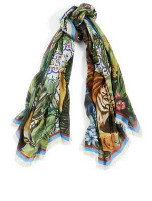 Modal And Cashmere Scarf In Jungle Maiolica Print