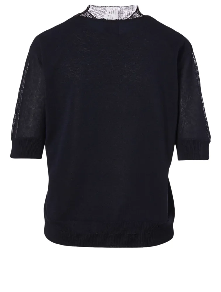 Sheer-Neck Short-Sleeve Sweater