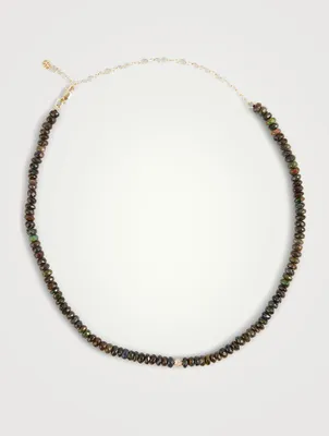 14K Gold Opal Beaded Choker Necklace With Diamond Ball Charm