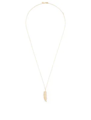 Large 14K Gold Feather Necklace With Diamonds