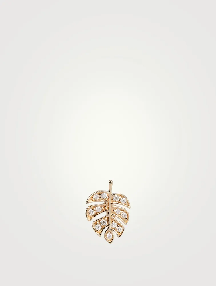 Tiny 14K Gold Monstera Leaf Left Stud Earring With Diamonds