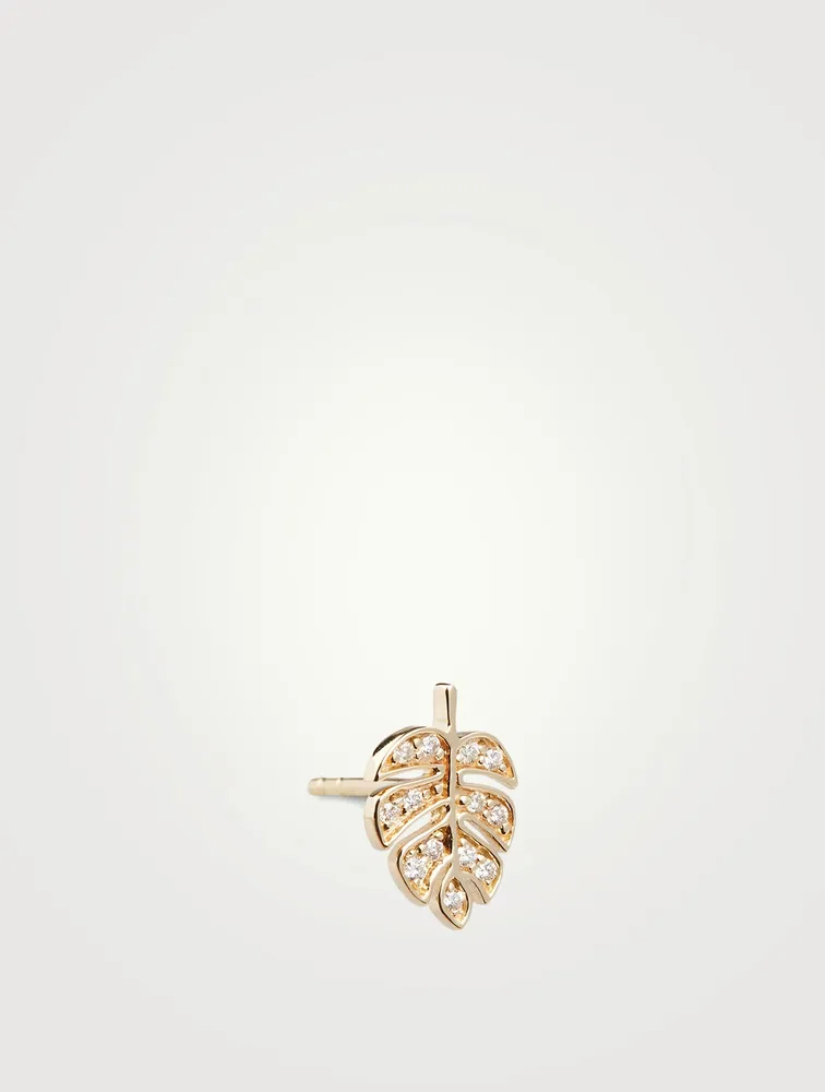 Tiny 14K Gold Monstera Leaf Left Stud Earring With Diamonds