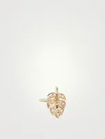 Tiny 14K Gold Monstera Leaf Left Stud Earring With Diamonds