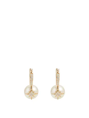 14K Gold Starburst Pearl Earrings With Diamonds