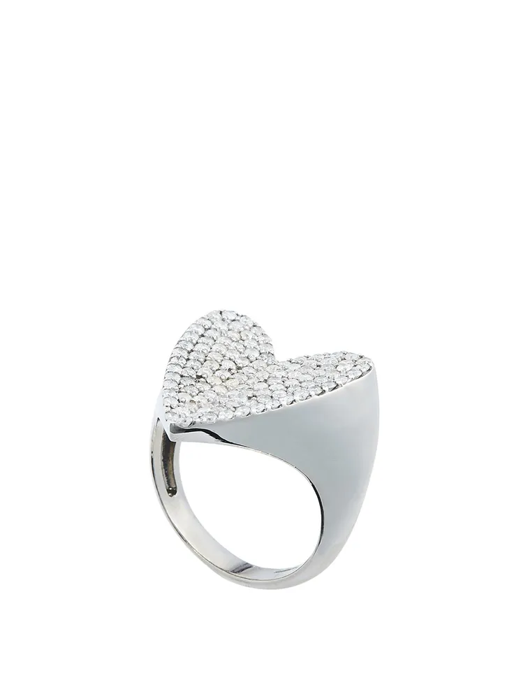 Silver Folded Heart Ring With Diamonds