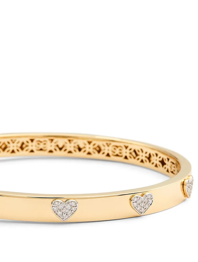 14K Gold Heart Hinge Bangle Bracelet With Diamond