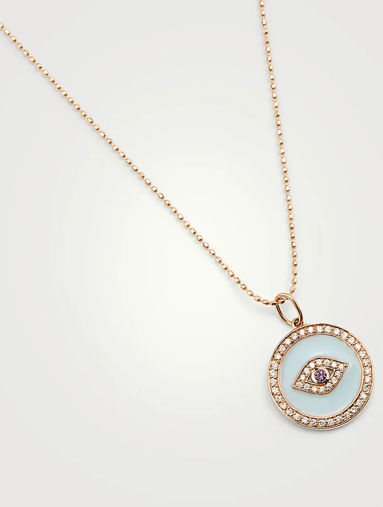 14K Rose Gold Evil Eye Medallion Necklace With Amethyst And Diamonds