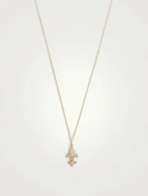 14K Gold Fleur De Lis Pendant Necklace With Diamonds