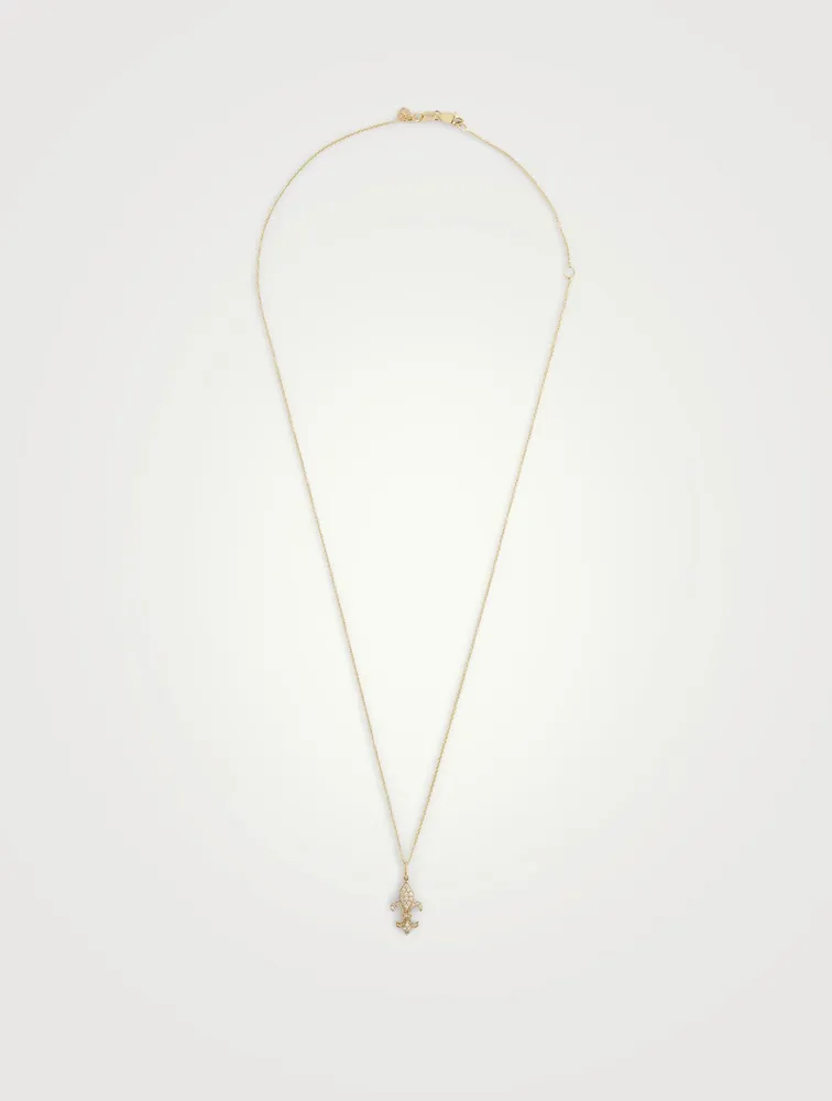 14K Gold Fleur De Lis Pendant Necklace With Diamonds