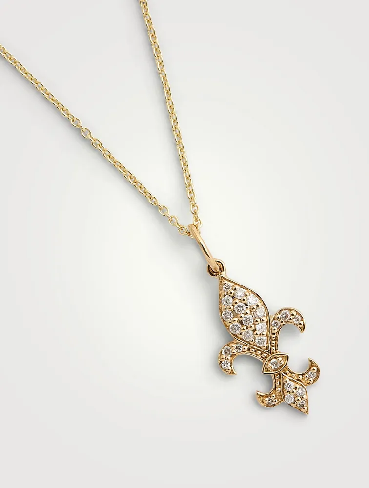 14K Gold Fleur De Lis Pendant Necklace With Diamonds