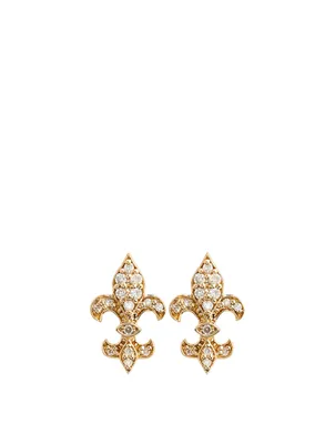 14K Gold Fleur De Lis Stud Earrings With Diamonds