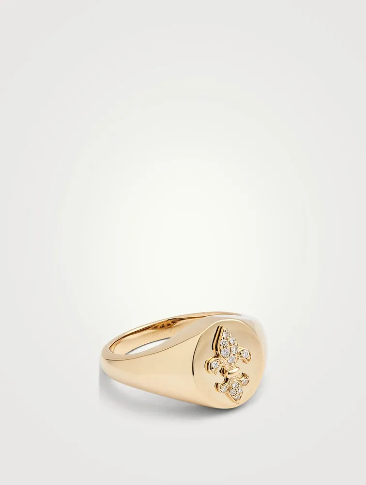 14K Gold Fleur De Lis Pinky Ring With Diamonds