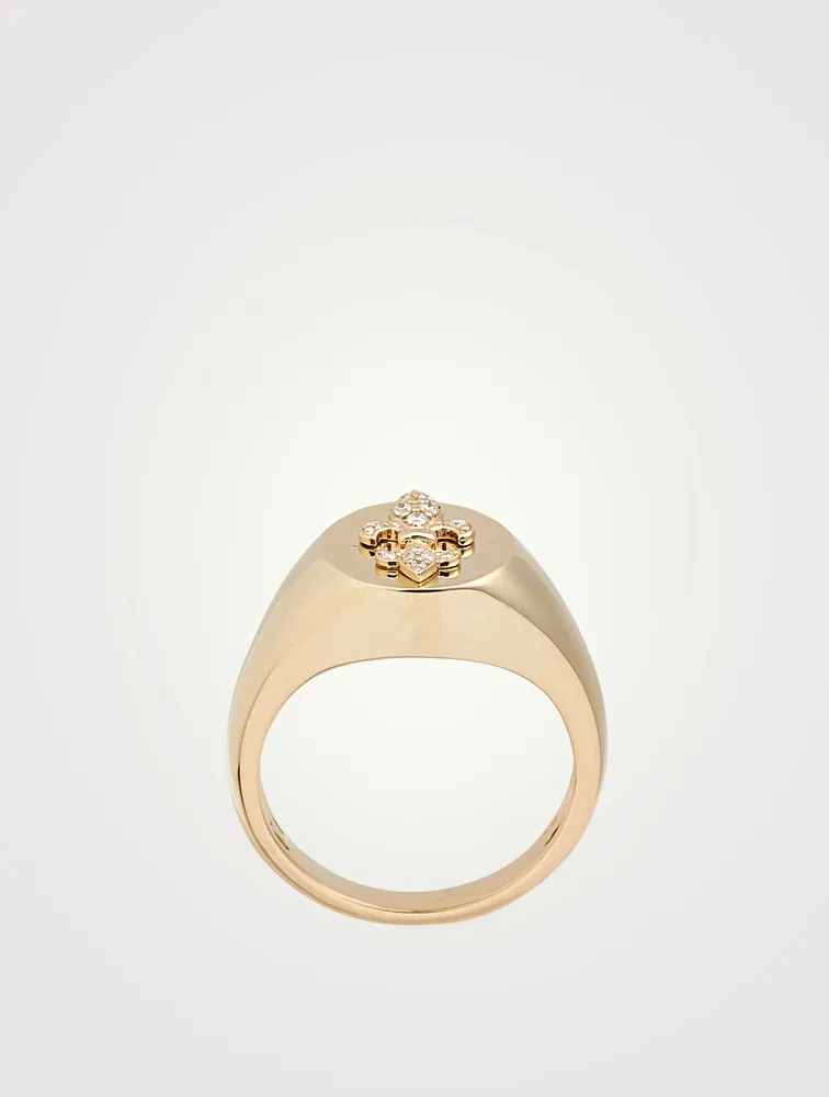 14K Gold Fleur De Lis Pinky Ring With Diamonds