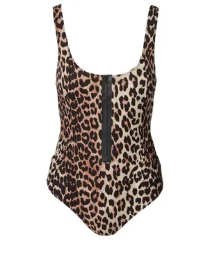 Zippered One-Piece Swimsuit Leopard Print