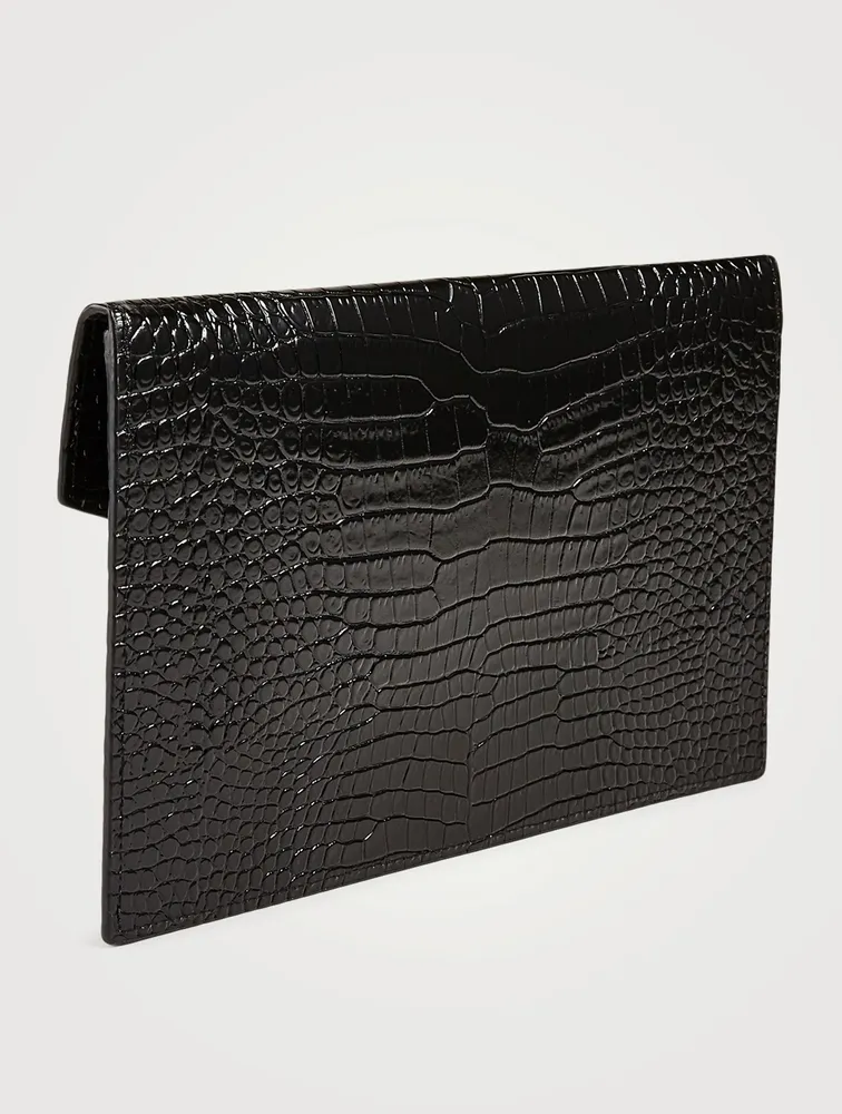Medium Uptown YSL Monogram Croc-Embossed Leather Envelope Clutch Bag