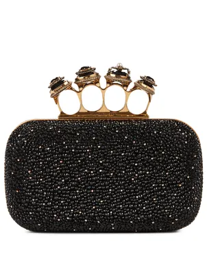 Four-Ring Leather Jewelled Box Clutch Bag With Crystals