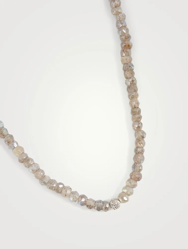 Labradorite Beaded Necklace With 14K White Gold Diamond Ball Charm