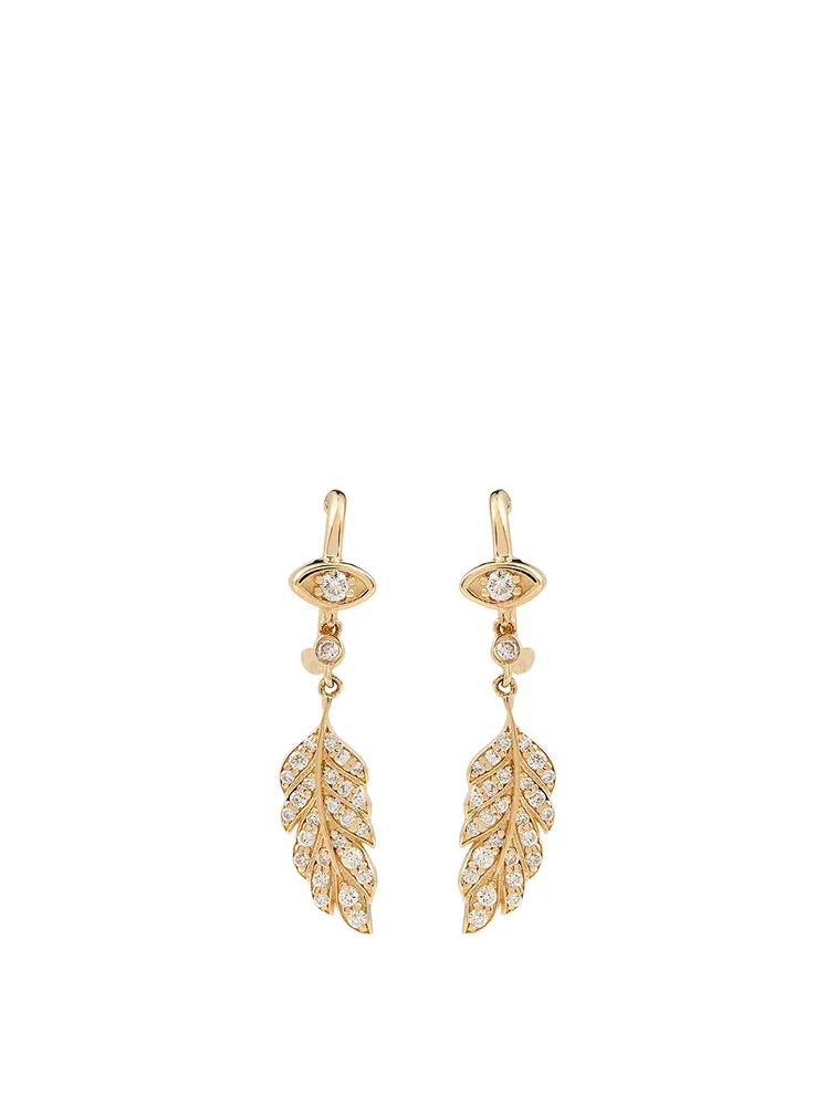 14K Gold Evil Eye Feather Earrings With Diamonds