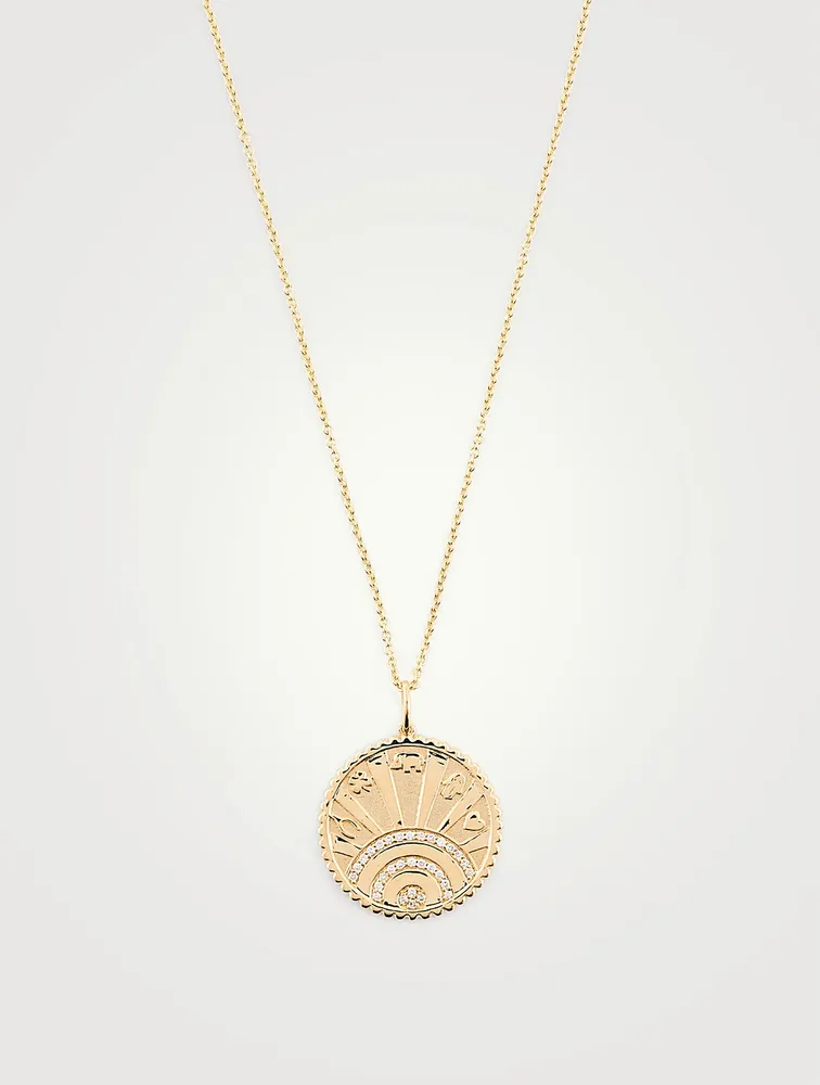 14K Gold Luck Coin Medallion Necklace With Diamonds