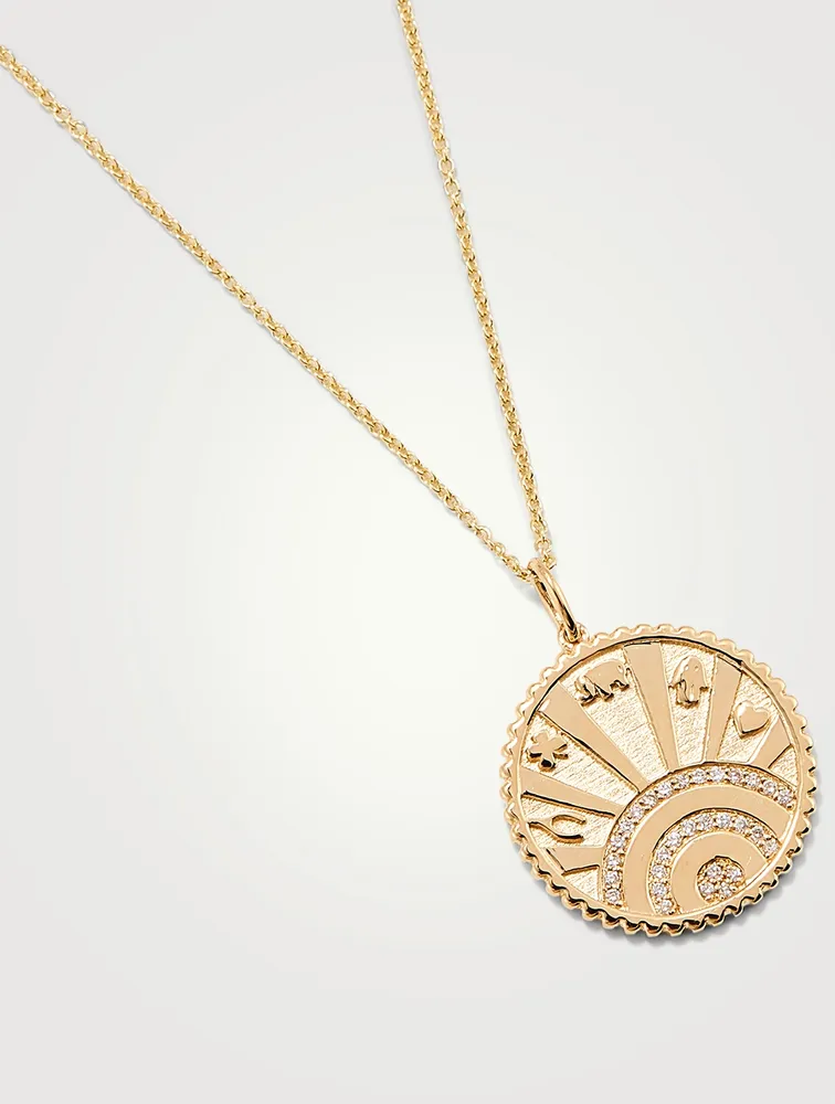 14K Gold Luck Coin Medallion Necklace With Diamonds