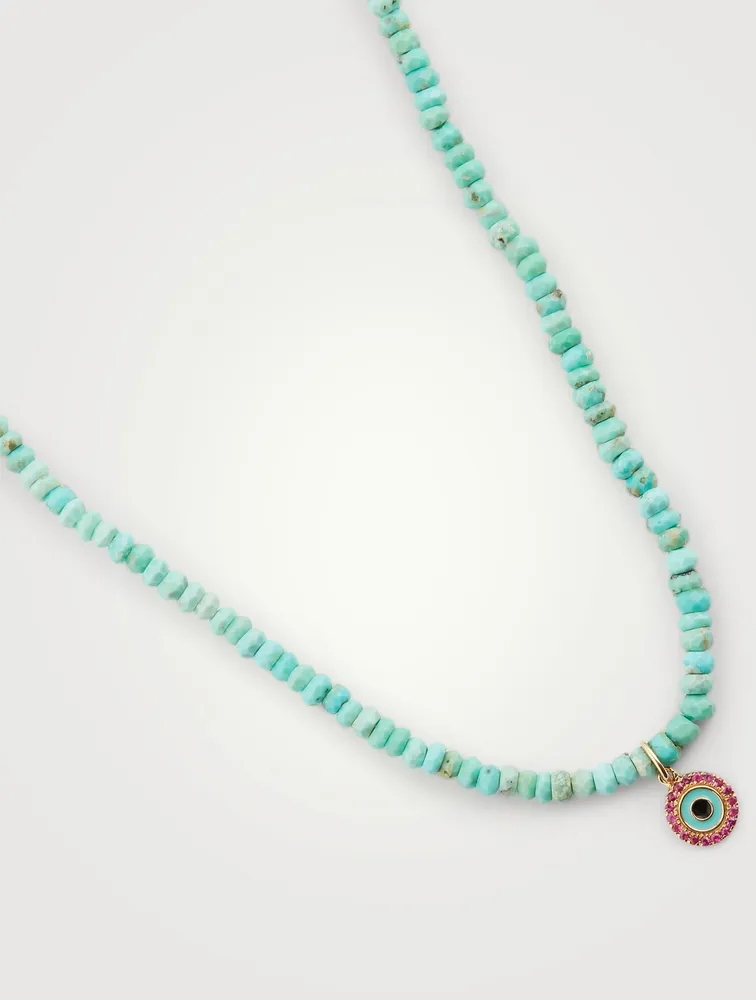 14K Gold Evil Eye Charm Beaded Necklace With Turquoise And Rubies