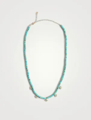 Tiny 14K Gold Bezel Evil Eye Charm Turquoise Beaded Necklace With Diamonds