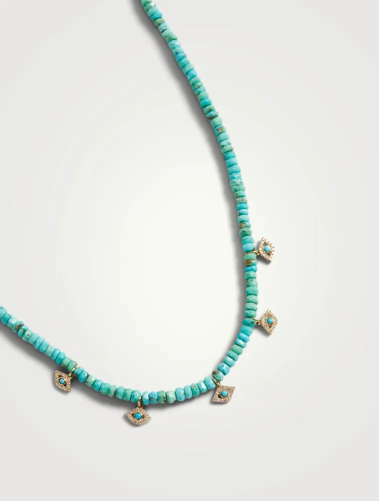 Tiny 14K Gold Bezel Evil Eye Charm Turquoise Beaded Necklace With Diamonds