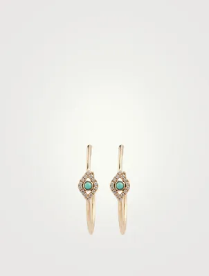 Medium 14K Gold Bezel Evil Eye Hoop Earrings With Turquoise And Diamonds